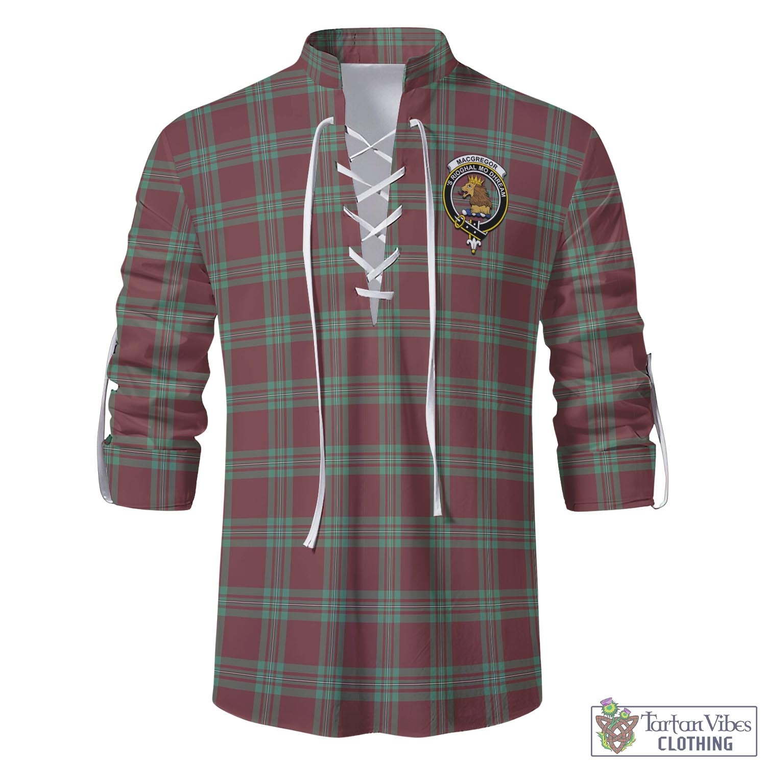 Tartan Vibes Clothing MacGregor Hunting Ancient Tartan Men's Scottish Traditional Jacobite Ghillie Kilt Shirt with Family Crest