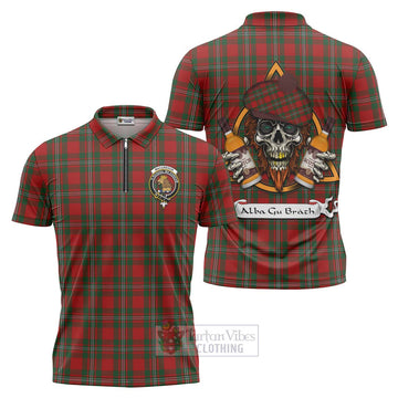 MacGregor (McGregor) Tartan Zipper Polo Shirt with Family Crest and Bearded Skull Holding Bottles of Whiskey