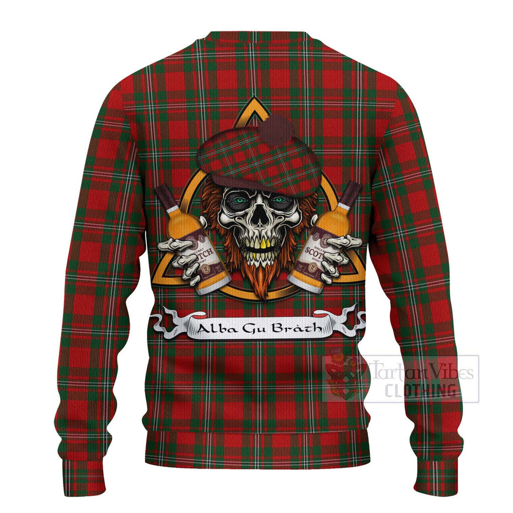 Tartan Vibes Clothing MacGregor (McGregor) Tartan Knitted Sweater with Family Crest and Bearded Skull Holding Bottles of Whiskey