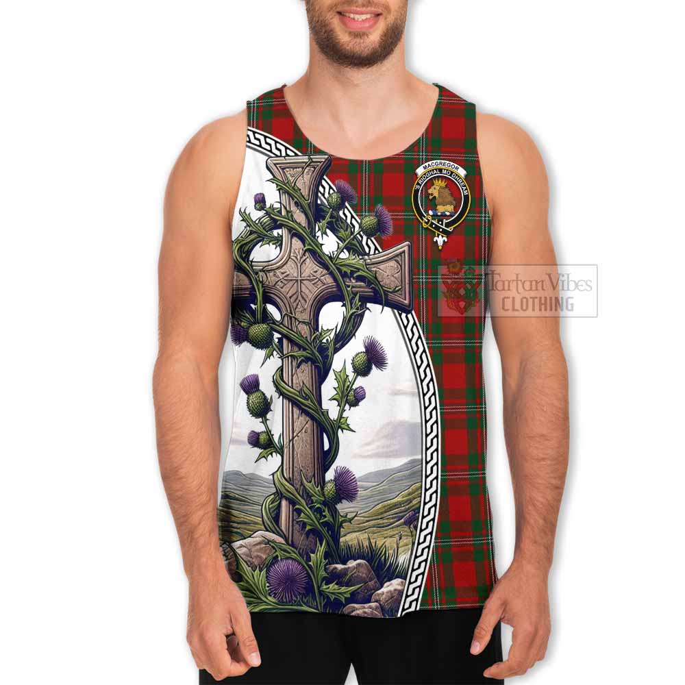 Tartan Vibes Clothing MacGregor (McGregor) Tartan Men's Tank Top with Family Crest and St. Andrew's Cross Accented by Thistle Vines