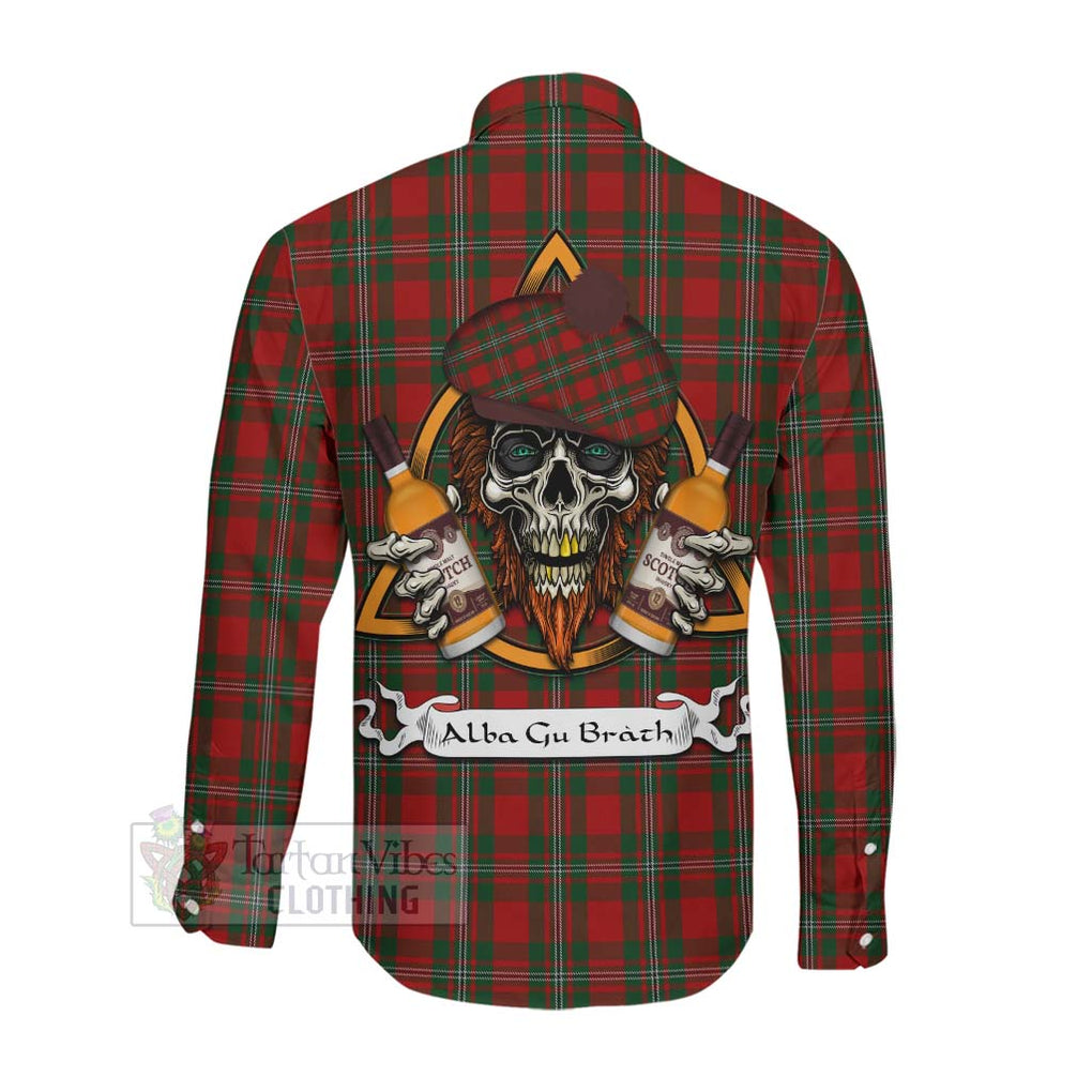 Tartan Vibes Clothing MacGregor (McGregor) Tartan Long Sleeve Button Shirt with Family Crest and Bearded Skull Holding Bottles of Whiskey