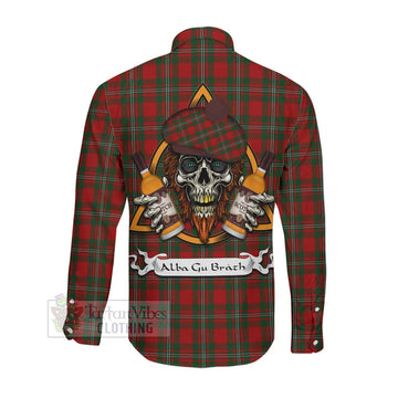Tartan Vibes Clothing MacGregor (McGregor) Tartan Long Sleeve Button Shirt with Family Crest and Bearded Skull Holding Bottles of Whiskey