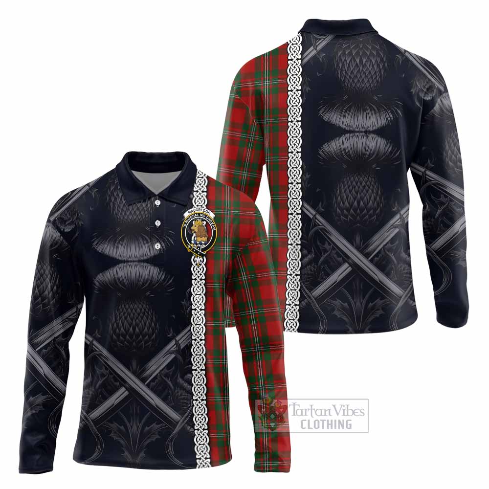 Tartan Vibes Clothing MacGregor (McGregor) Tartan Long Sleeve Polo Shirt with Family Crest Cross Sword Thistle Celtic Vibes