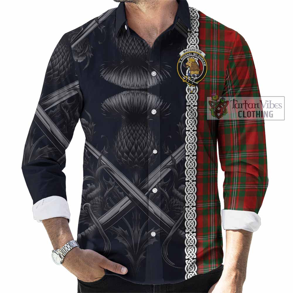 Tartan Vibes Clothing MacGregor (McGregor) Tartan Long Sleeve Button Shirt with Family Crest Cross Sword Thistle Celtic Vibes