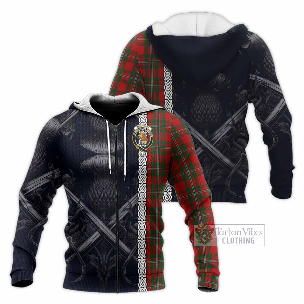 Tartan Vibes Clothing MacGregor (McGregor) Tartan Knitted Hoodie with Family Crest Cross Sword Thistle Celtic Vibes