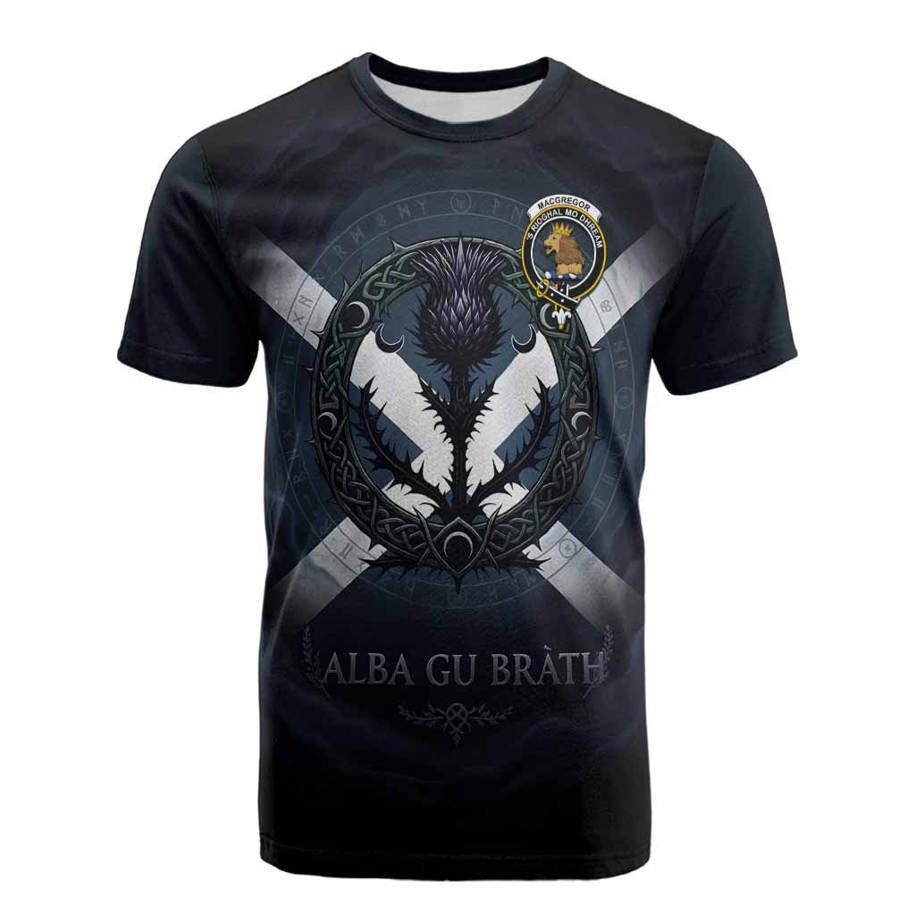 MacGregor (McGregor) Clan Crest Cotton T-shirt with Celtic Knot Thistle and Saltire