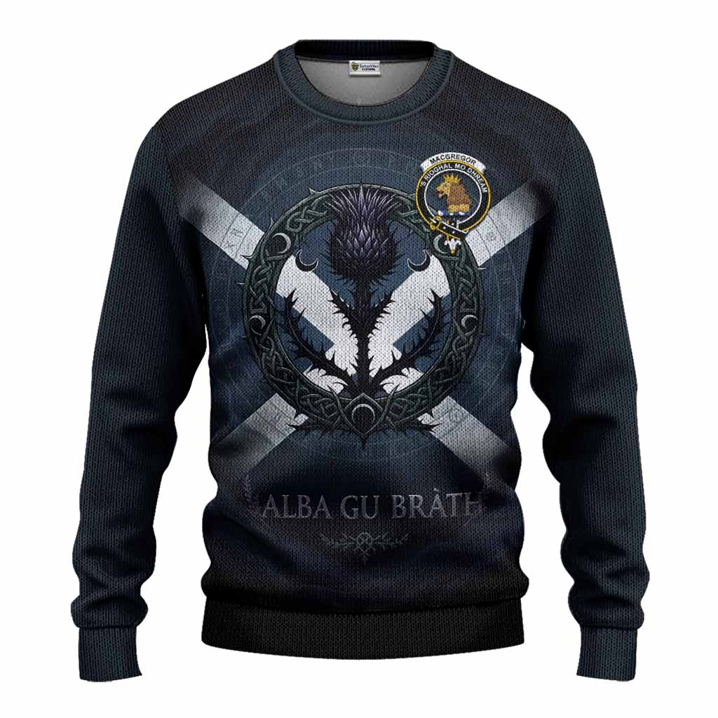 MacGregor (McGregor) Clan Crest Knitted Sweater with Celtic Knot Thistle and Saltire