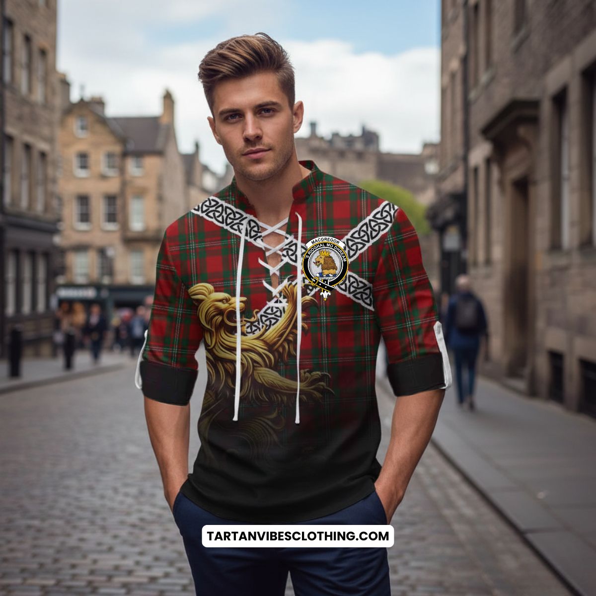 MacGregor (McGregor) Crest Tartan Ghillie Kilt Shirt with Golden Lion Emblem Celtic Style