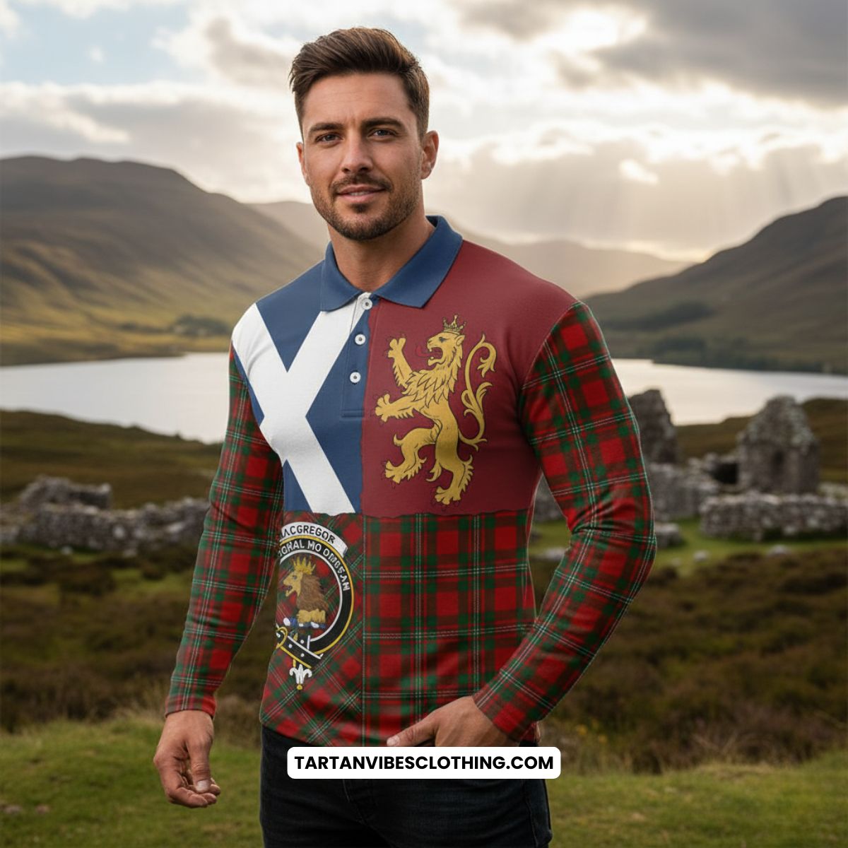 MacGregor (McGregor) Crest Tartan Long Sleeve Polo Shirt with Lion Rampant Saltire Style
