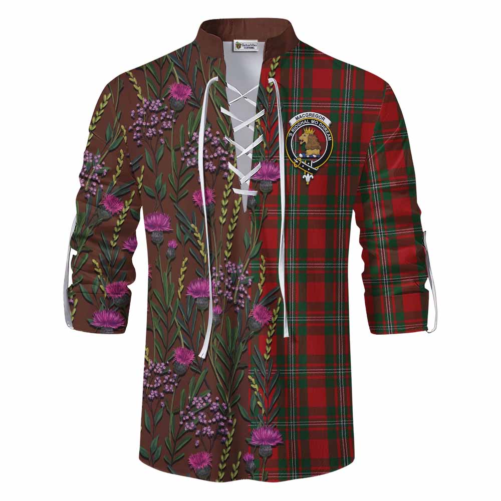 MacGregor (McGregor) Family Crest Tartan Ghillie Shirt Scottish Thistle Flower Pattern Half Style - Tartan Vibes Clothing