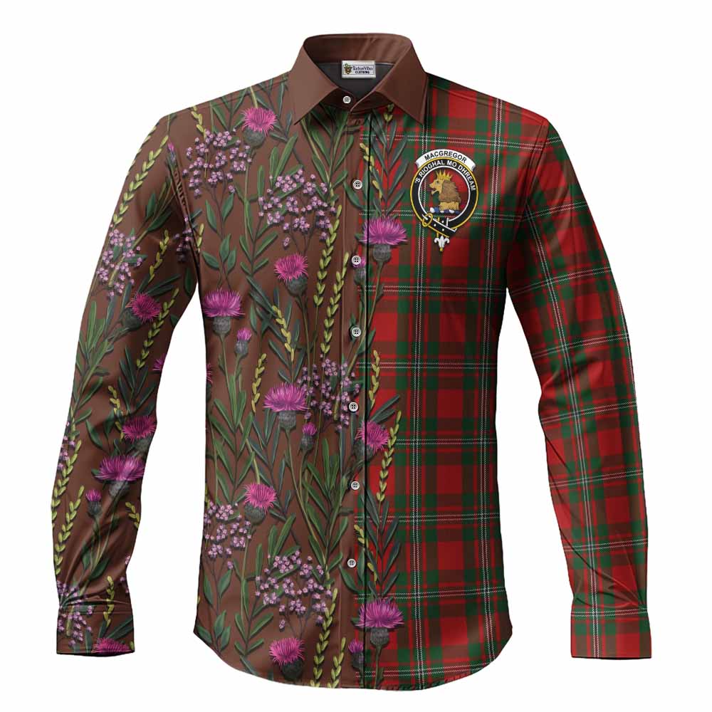 MacGregor (McGregor) Family Crest Tartan Long Sleeve Button Shirts Scottish Thistle Flower Pattern Half Style - Tartan Vibes Clothing