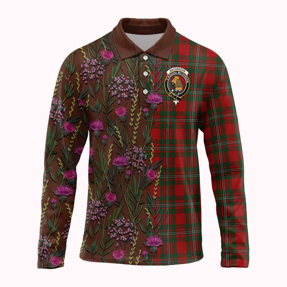 MacGregor (McGregor) Family Crest Tartan Long Sleeve Polo Shirt Scottish Thistle Flower Pattern Half Style - Tartan Vibes Clothing