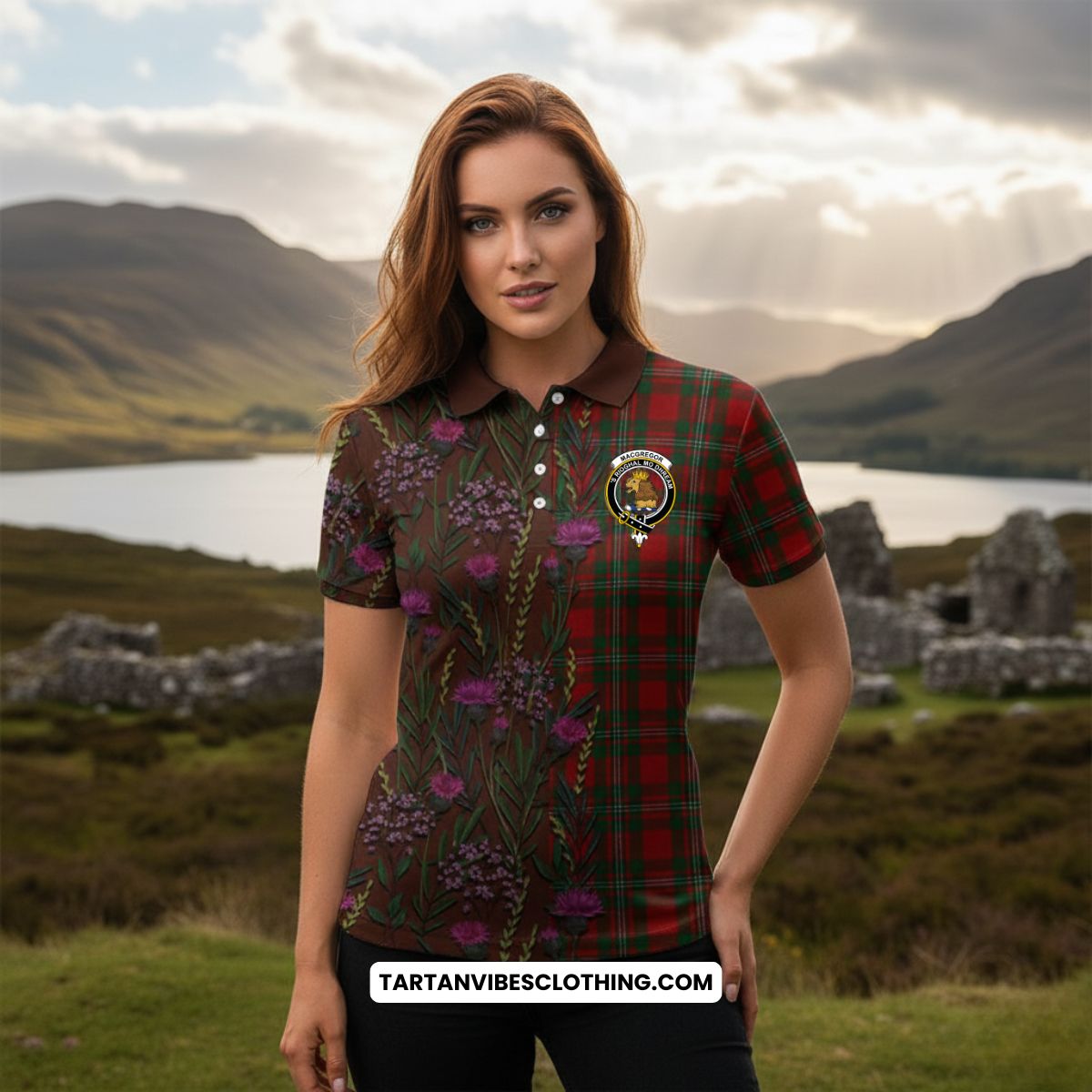 MacGregor (McGregor) Family Crest Tartan Women Polo Shirt Scottish Thistle Flower Pattern Half Style