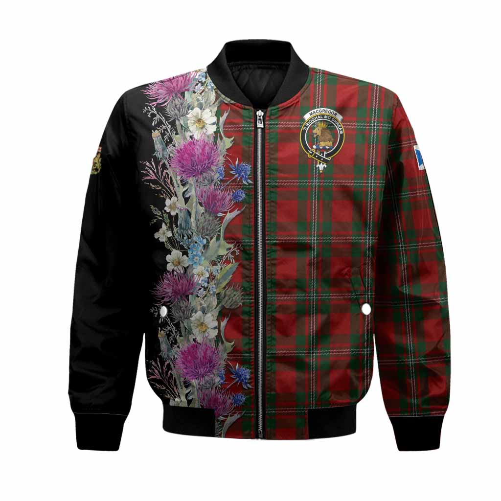 MacGregor (McGregor) Tartan Crest Thistle Floral Bomber Jacket Unisex Black - Tartan Vibes Clothing