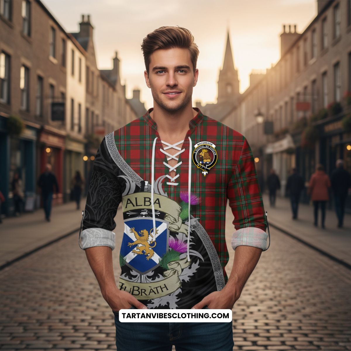 MacGregor (McGregor) Tartan Family Crest Ghillie Kilt Shirt Lion Rampant Royal Thistle Shield Celtic Inspired