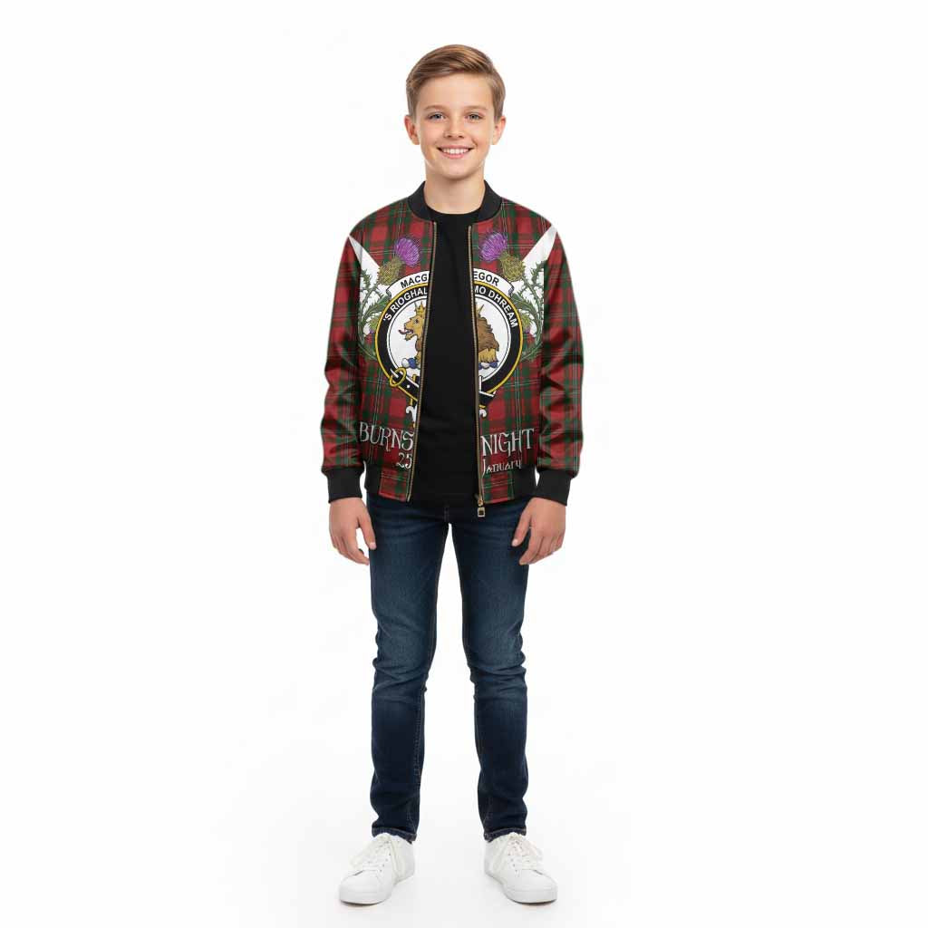MacGregor (McGregor) Tartan Family Crest Kid Bomber Jacket Scottish Burns Night Thistle Floral