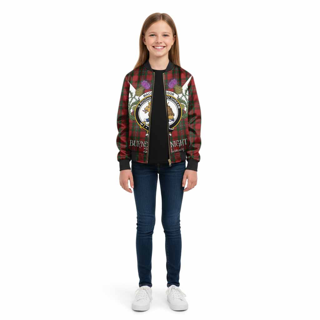 MacGregor (McGregor) Tartan Family Crest Kid Bomber Jacket Scottish Burns Night Thistle Floral