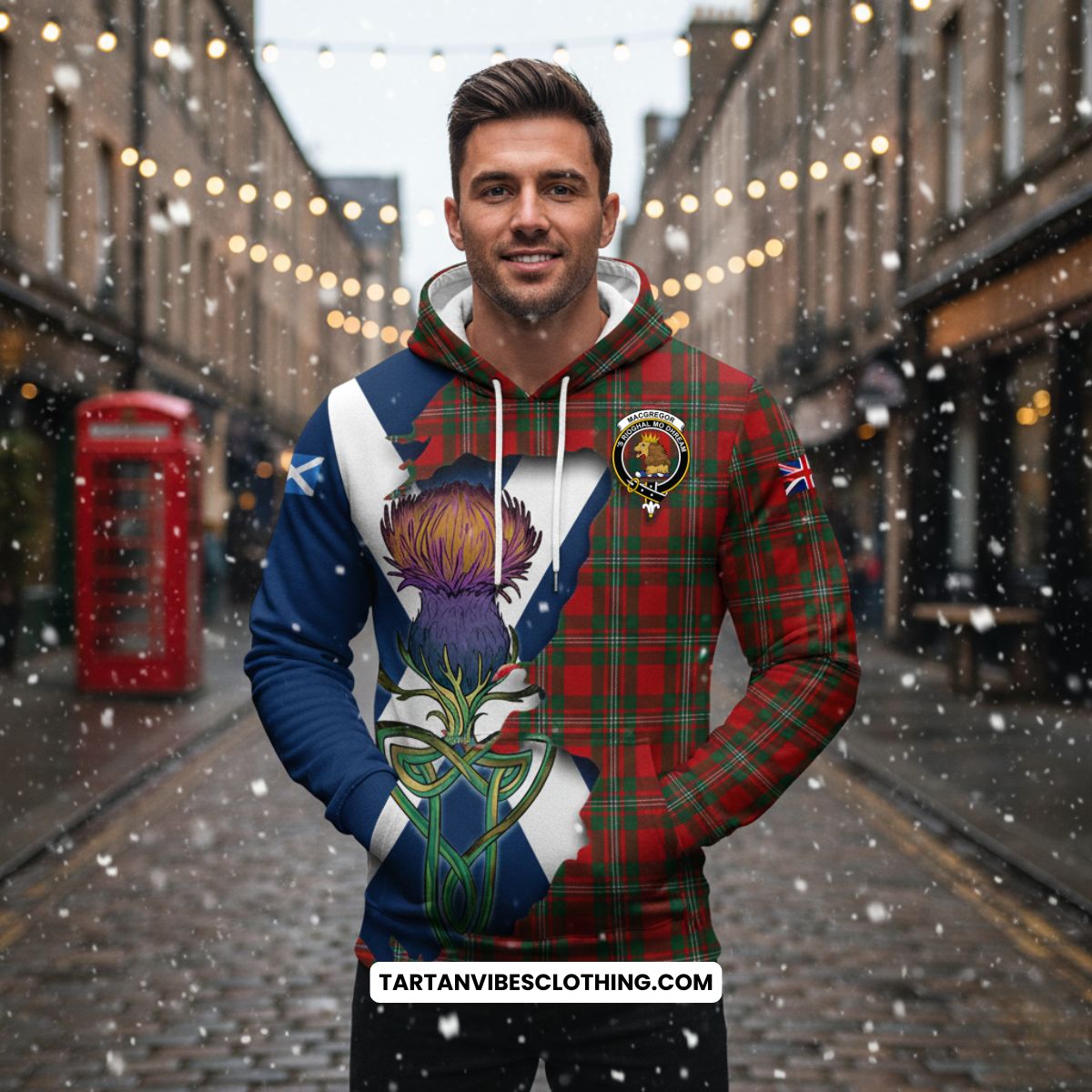 MacGregor (McGregor) Tartan Family Crest Knitted Hoodie Scottish Thistle Celtic Inspired