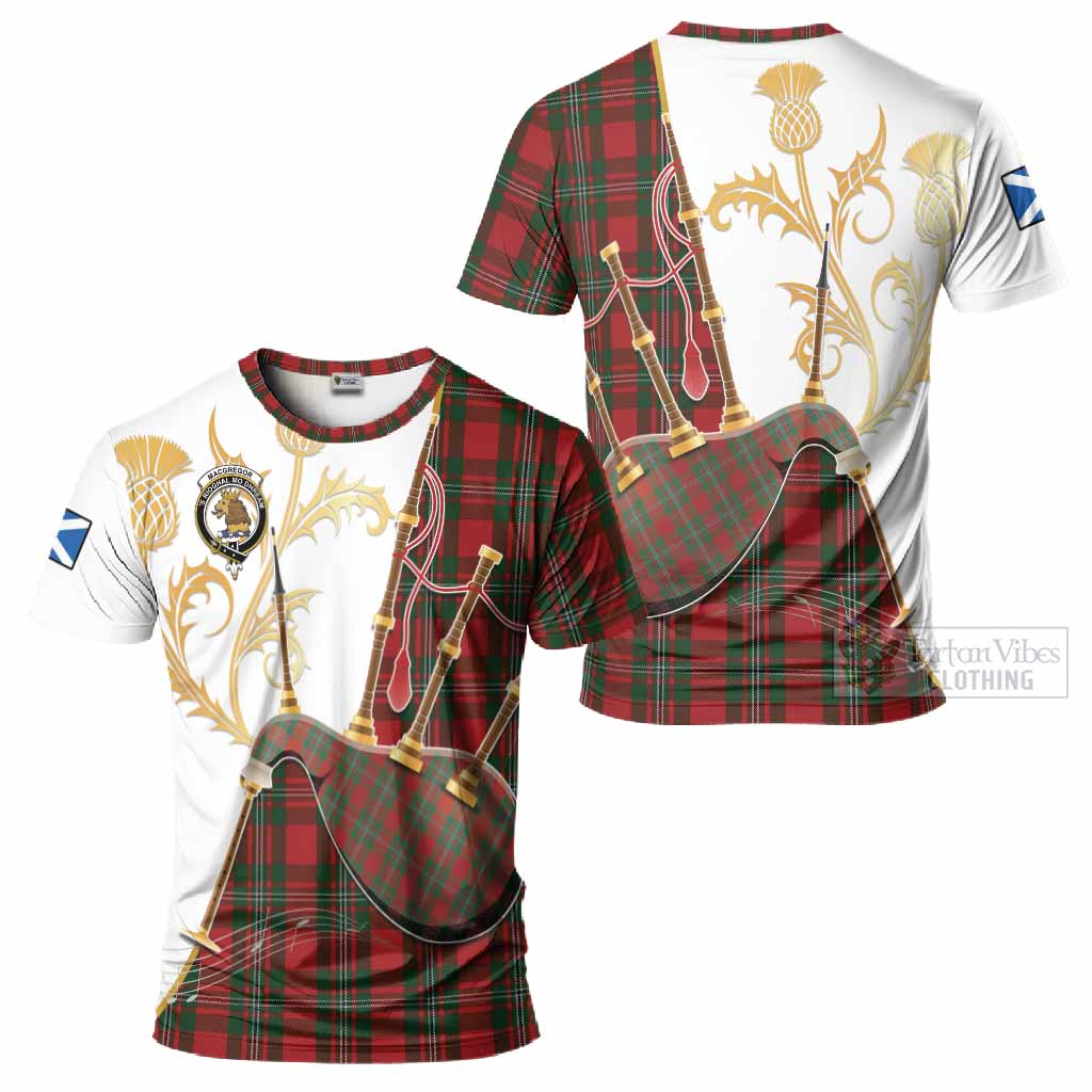 MacGregor (McGregor) Tartan Family Crest T-Shirt Bagpipes with Scottish Thistle