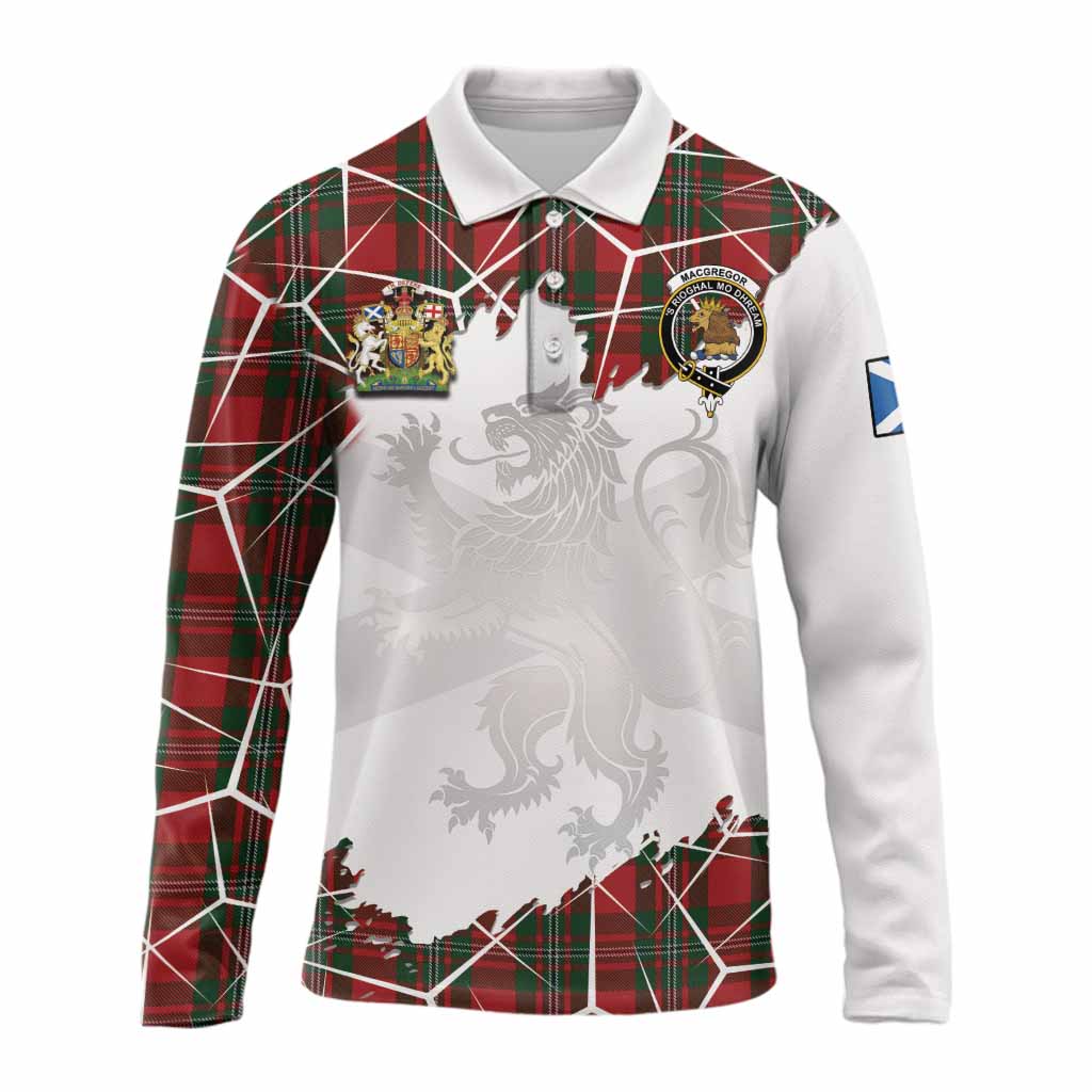 MacGregor (McGregor) Tartan Long Sleeve Polo Shirt with Family Crest and Lion Rampant Grunge Style