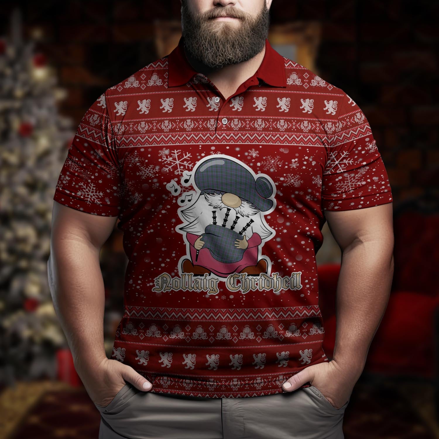 MacHardy Clan Christmas Family Polo Shirt with Funny Gnome Playing Bagpipes Men's Polo Shirt Red - Tartanvibesclothing