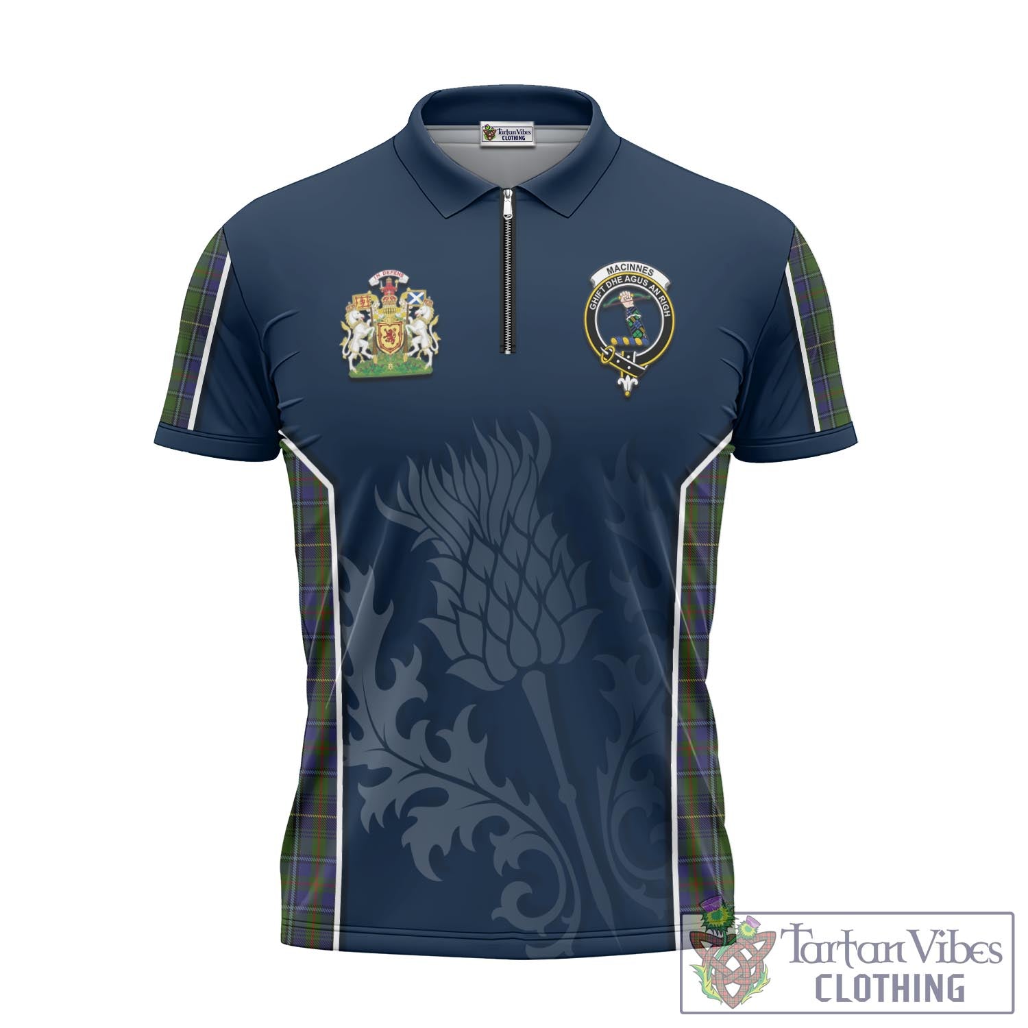 Tartan Vibes Clothing MacInnes Tartan Zipper Polo Shirt with Family Crest and Scottish Thistle Vibes Sport Style