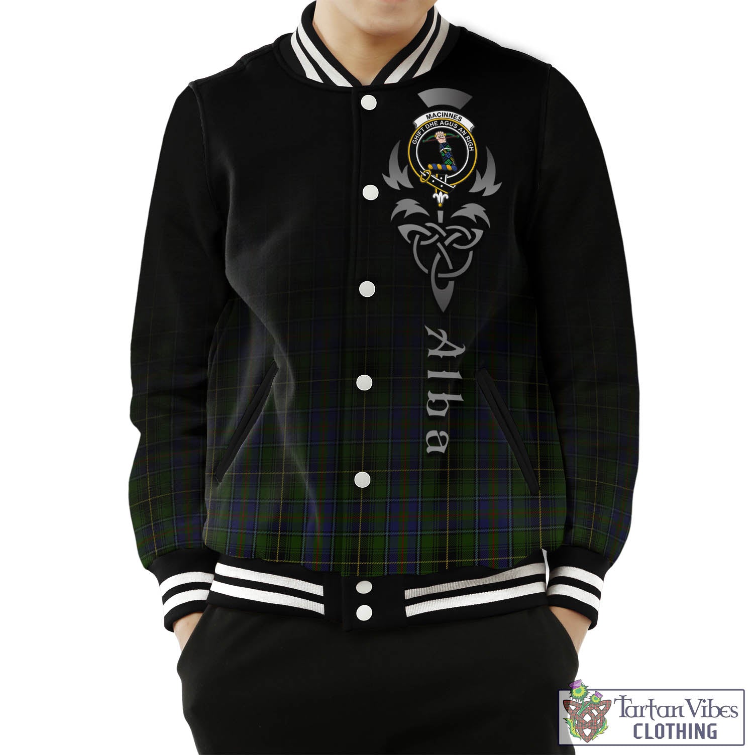 Tartan Vibes Clothing MacInnes Tartan Baseball Jacket Featuring Alba Gu Brath Family Crest Celtic Inspired