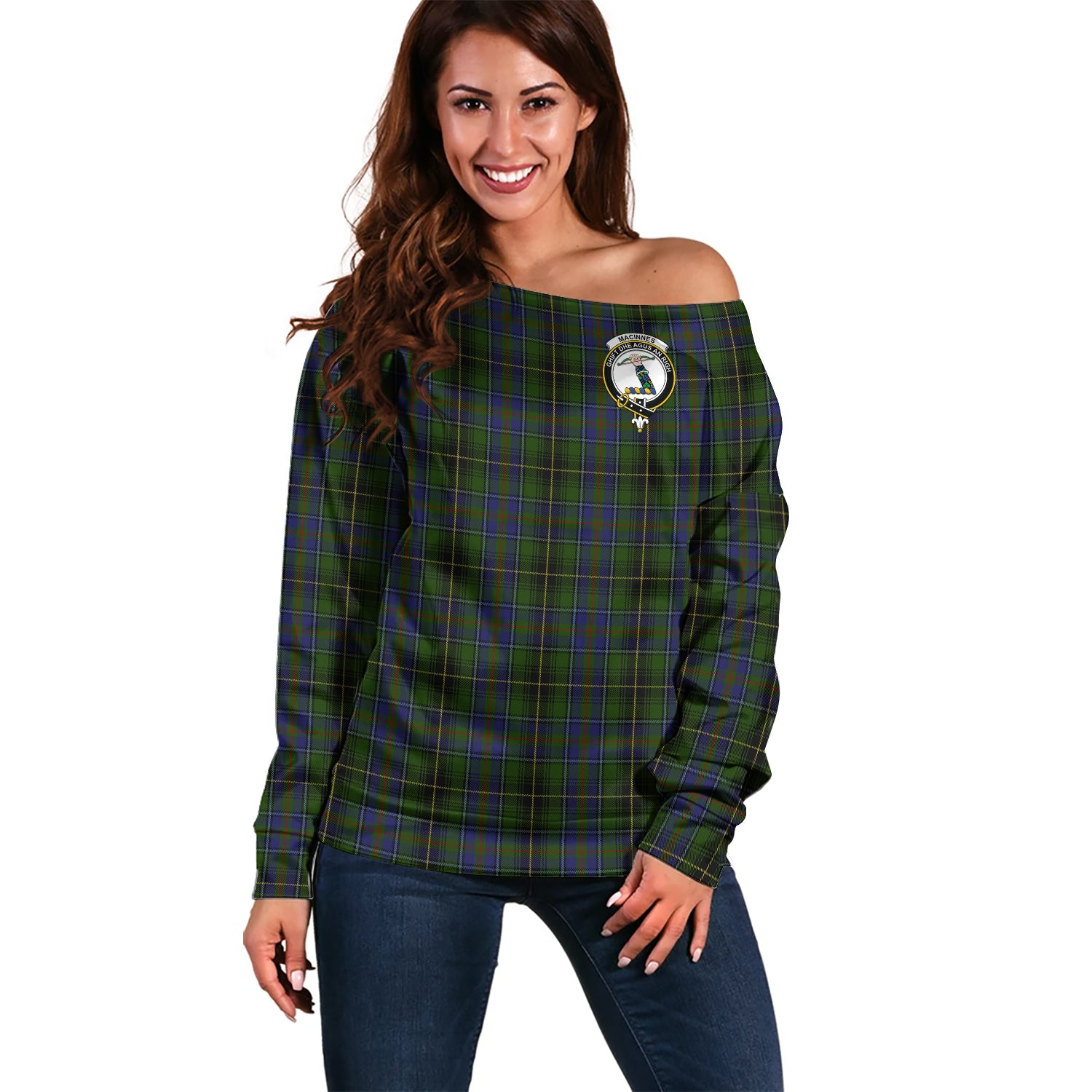MacInnes Tartan Off Shoulder Women Sweater with Family Crest Women - Tartanvibesclothing