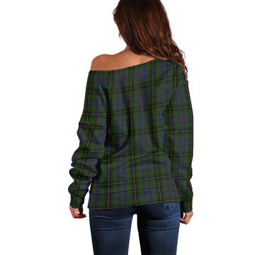 MacInnes Tartan Off Shoulder Women Sweater with Family Crest - Tartanvibesclothing