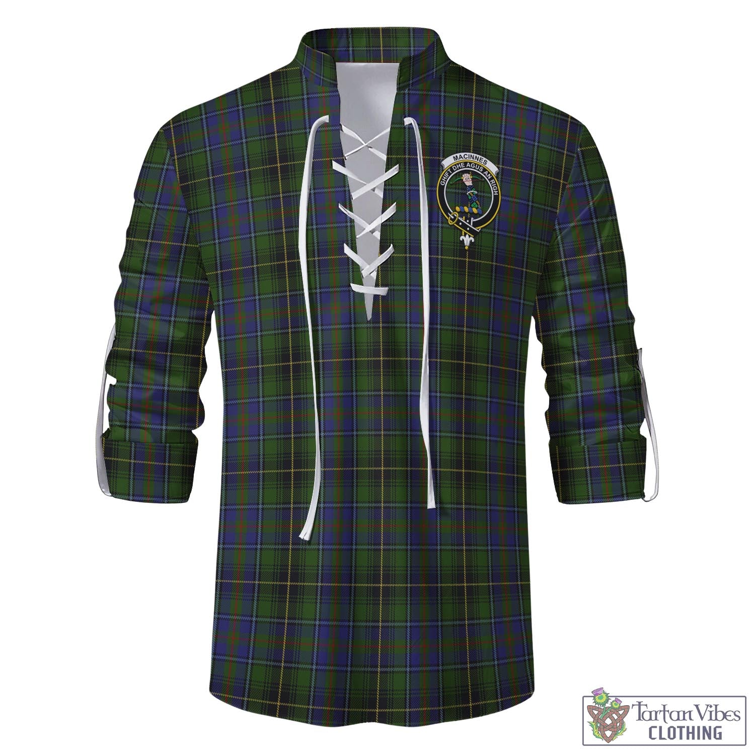Tartan Vibes Clothing MacInnes Tartan Men's Scottish Traditional Jacobite Ghillie Kilt Shirt with Family Crest