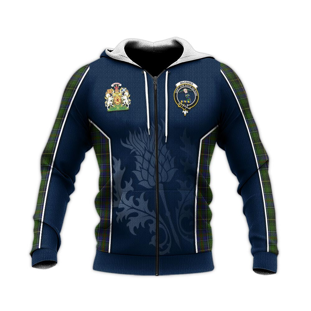 Tartan Vibes Clothing MacInnes Tartan Knitted Hoodie with Family Crest and Scottish Thistle Vibes Sport Style