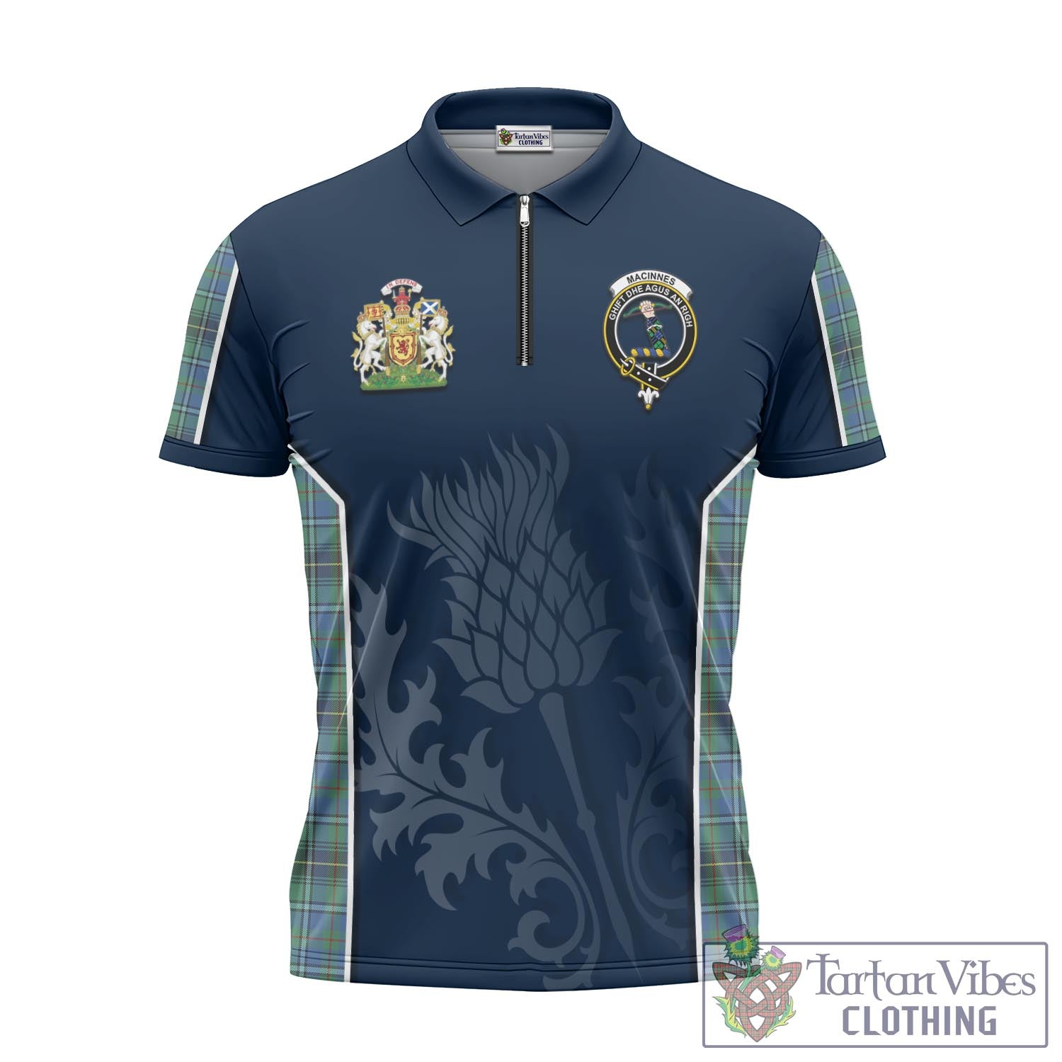 Tartan Vibes Clothing MacInnes Ancient Tartan Zipper Polo Shirt with Family Crest and Scottish Thistle Vibes Sport Style