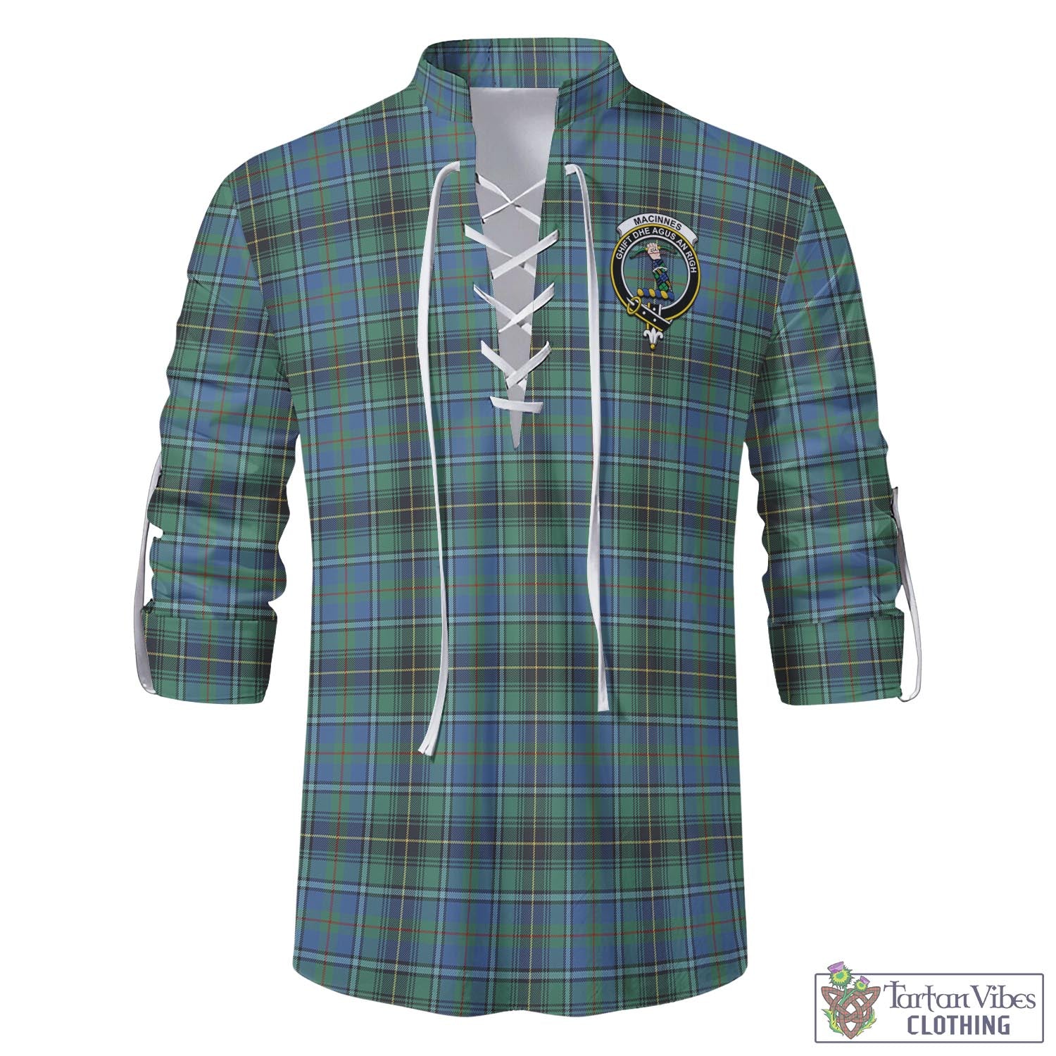 Tartan Vibes Clothing MacInnes Ancient Tartan Men's Scottish Traditional Jacobite Ghillie Kilt Shirt with Family Crest