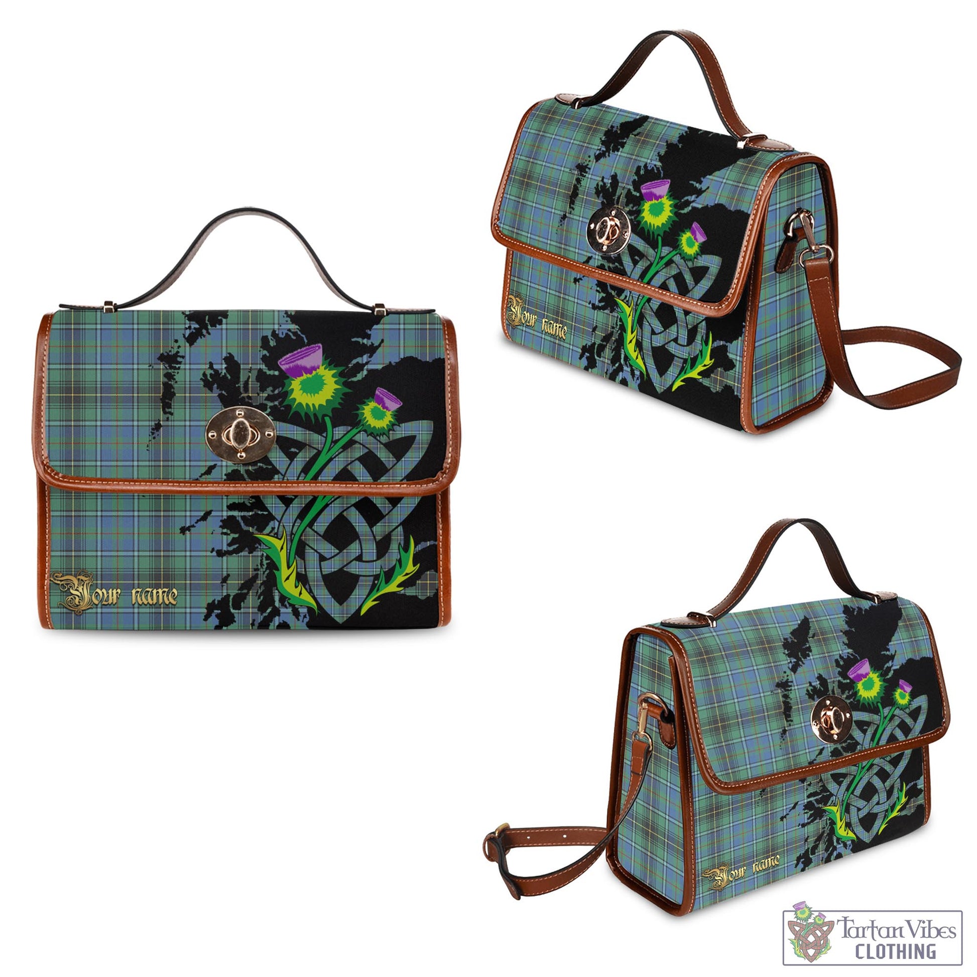 Tartan Vibes Clothing MacInnes Ancient Tartan Waterproof Canvas Bag with Scotland Map and Thistle Celtic Accents
