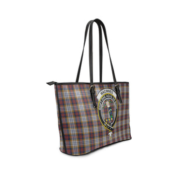 MacInnes Ancient Hunting Tartan Leather Tote Bag with Family Crest