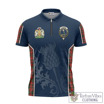 MacInnes Hastie Tartan Zipper Polo Shirt with Family Crest and Scottish Thistle Vibes Sport Style