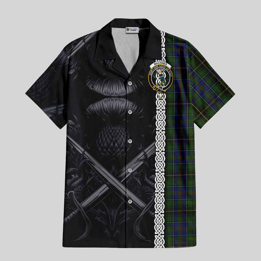 Tartan Vibes Clothing MacInnes (McInnes) Tartan Short Sleeve Button Shirt with Family Crest Cross Sword Thistle Celtic Vibes