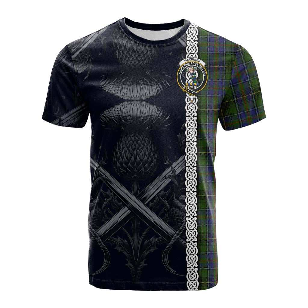 Tartan Vibes Clothing MacInnes (McInnes) Tartan Cotton T-shirt with Family Crest Cross Sword Thistle Celtic Vibes