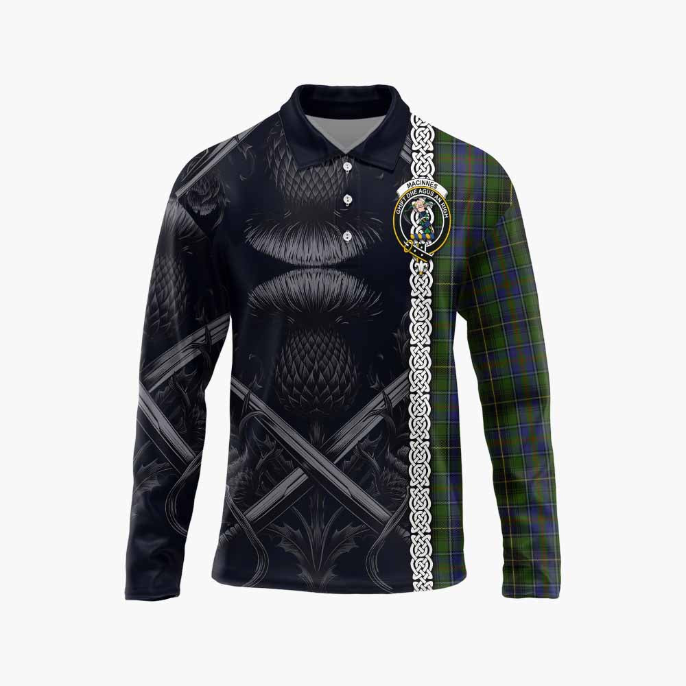 Tartan Vibes Clothing MacInnes (McInnes) Tartan Long Sleeve Polo Shirt with Family Crest Cross Sword Thistle Celtic Vibes