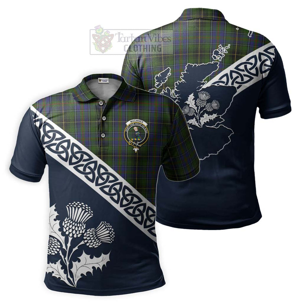 MacInnes (McInnes) Tartan Polo Shirt Featuring Thistle and Scotland Map