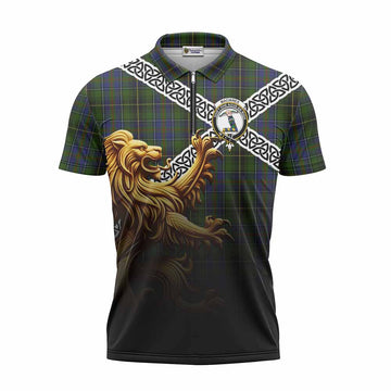MacInnes (McInnes) Crest Tartan Zipper Polo Shirt with Golden Lion Emblem Celtic Style