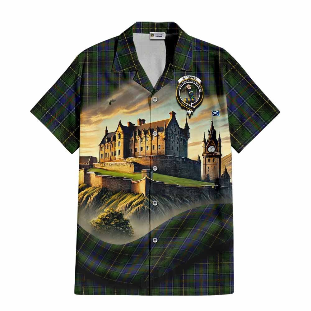 Tartan Vibes Clothing MacInnes (McInnes) Tartan Family Crest Short Sleeve Button Shirt with Scottish Ancient Castle Style