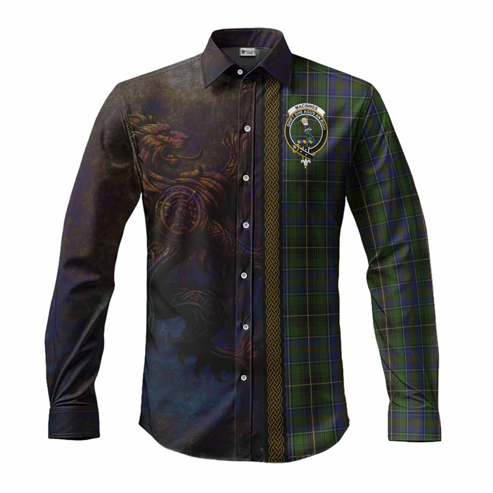 Tartan Vibes Clothing MacInnes (McInnes) Tartan Family Crest Long Sleeve Button Shirt Alba Gu Brath Be Brave Lion Ancient Style