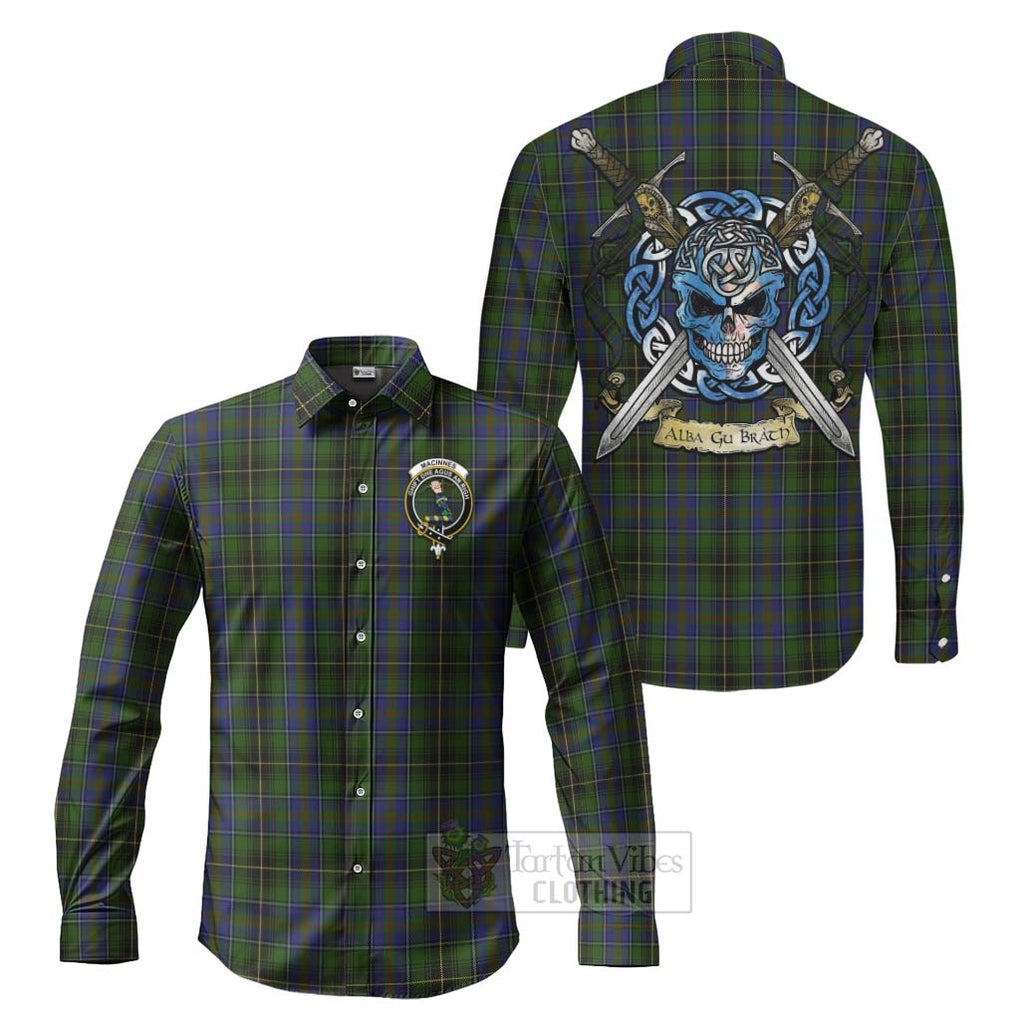 Tartan Vibes Clothing MacInnes (McInnes) Tartan Long Sleeve Button Shirt with Family Crest Celtic Skull Style