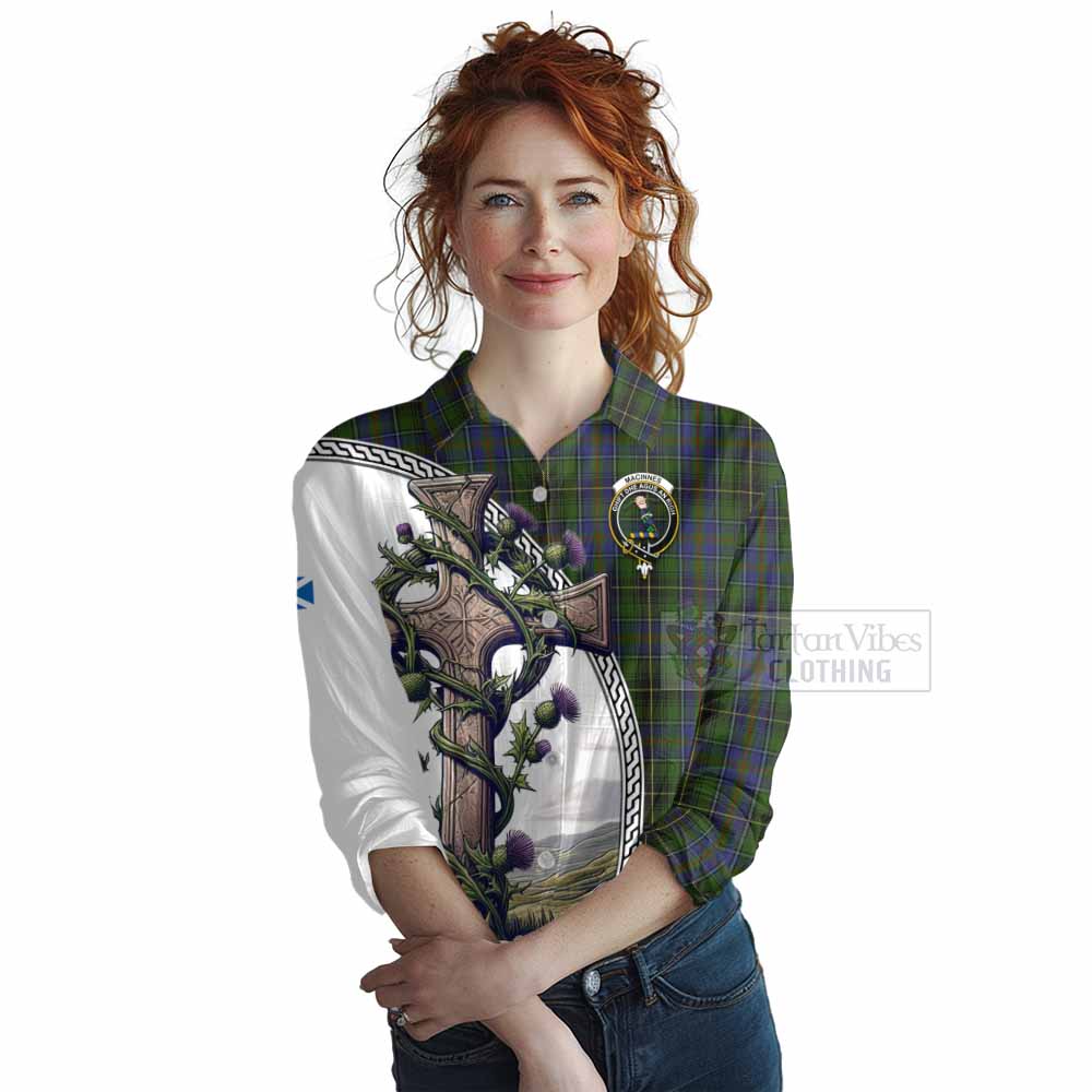 Tartan Vibes Clothing MacInnes (McInnes) Tartan Women's Casual Shirt with Family Crest and St. Andrew's Cross Accented by Thistle Vines