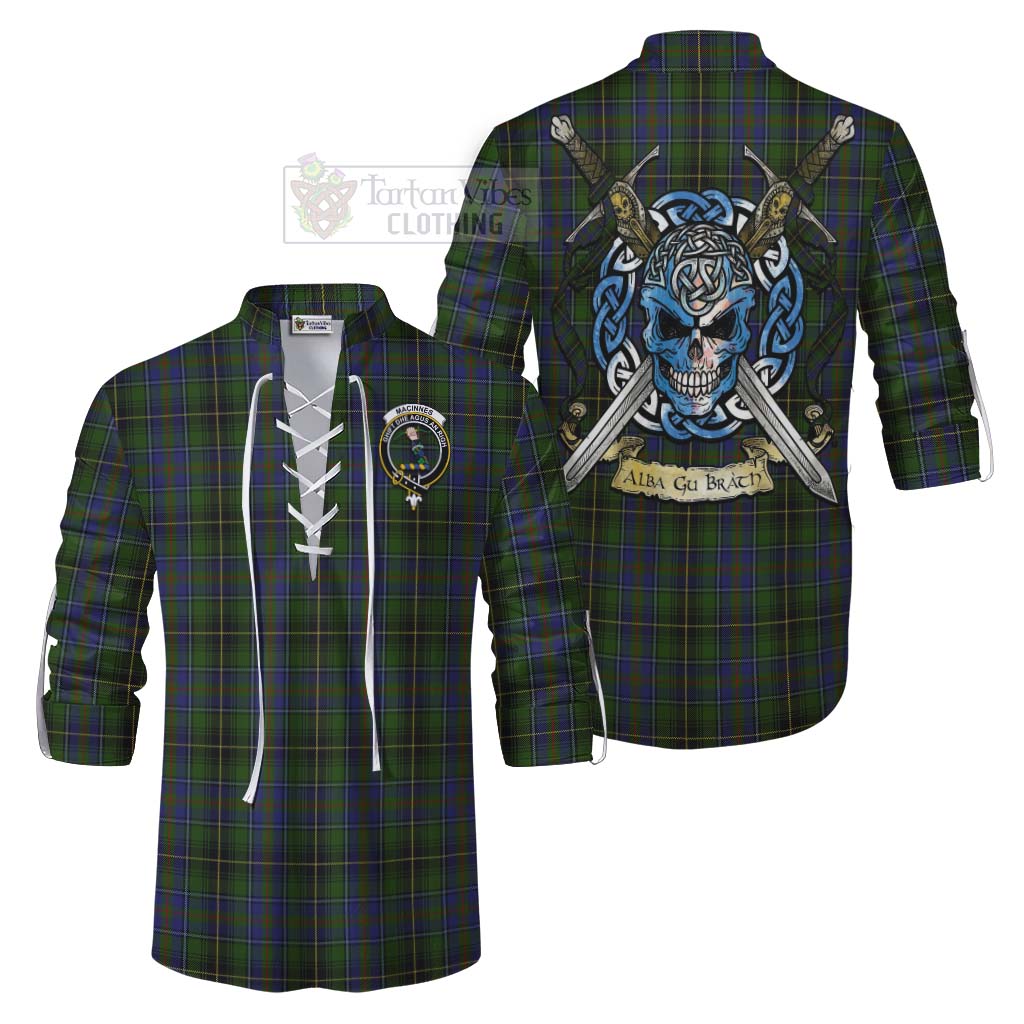 Tartan Vibes Clothing MacInnes (McInnes) Tartan Ghillie Kilt Shirt with Family Crest Celtic Skull Style