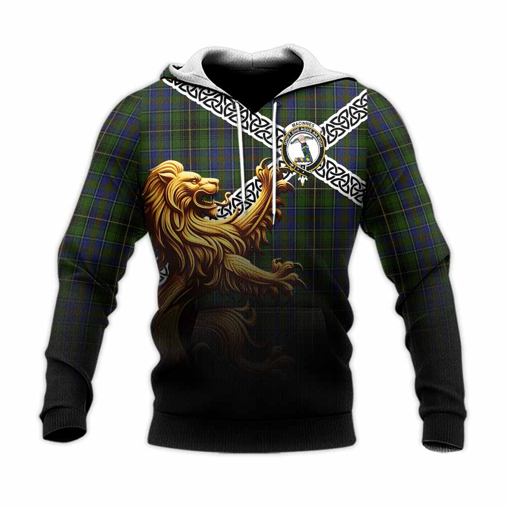 Tartan Vibes Clothing MacInnes (McInnes) Crest Tartan Knitted Hoodie with Golden Lion Emblem Celtic Style