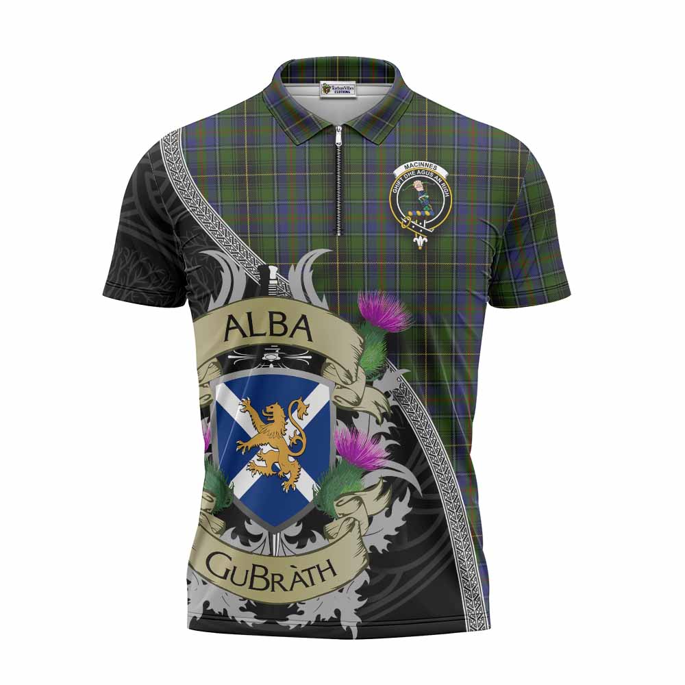 Tartan Vibes Clothing MacInnes (McInnes) Tartan Family Crest Zipper Polo Shirt Lion Rampant Royal Thistle Shield Celtic Inspired