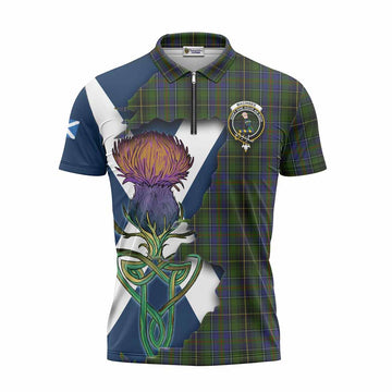 MacInnes (McInnes) Tartan Family Crest Zipper Polo Shirt Scottish Thistle Celtic Inspired