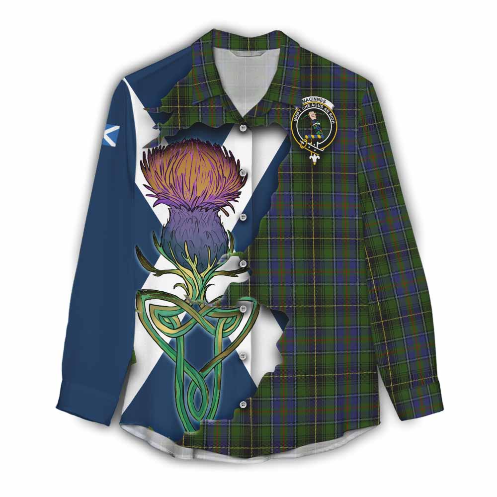 Tartan Vibes Clothing MacInnes (McInnes) Tartan Family Crest Women's Casual Shirt Scottish Thistle Celtic Inspired